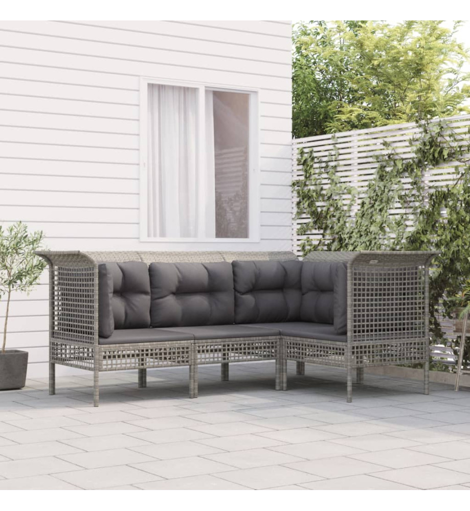 Salon de jardin 4 pcs avec coussins Gris Résine tressée