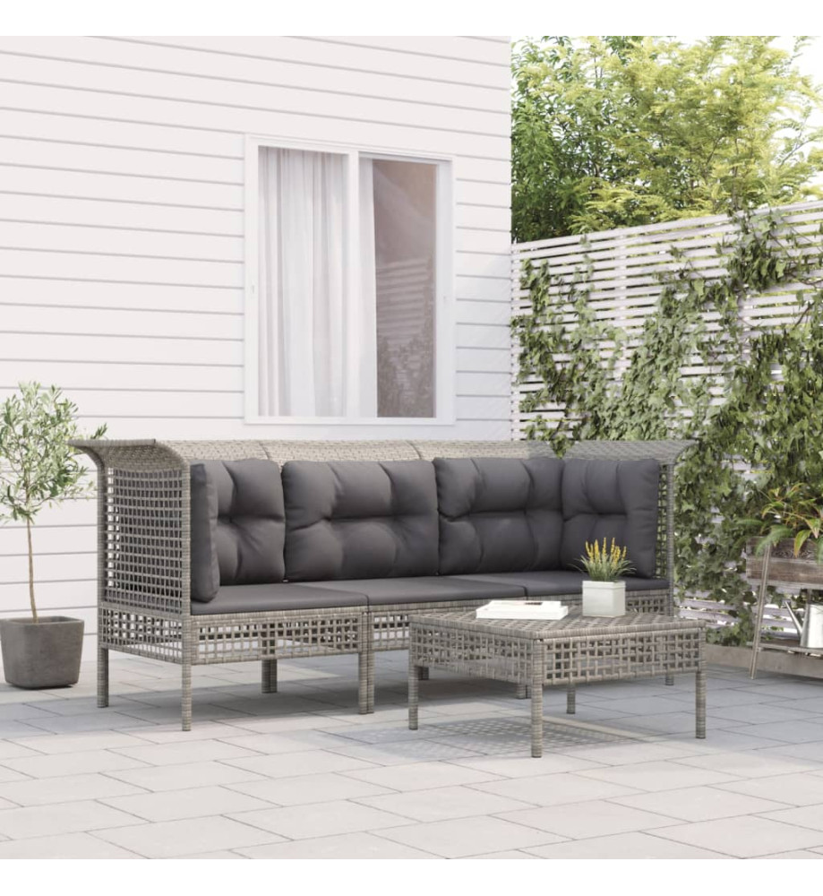 Salon de jardin 4 pcs avec coussins Gris Résine tressée