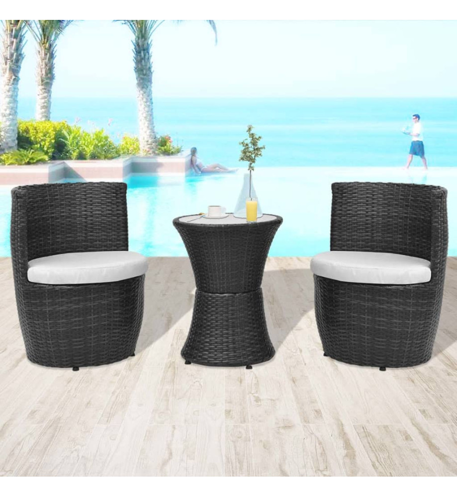 Mobilier de bistro 3 pcs avec coussins Résine tressée Noir