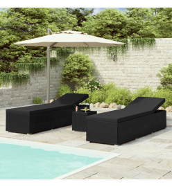 Chaises longues de jardin table à thé 3 pcs Résine tressée Noir