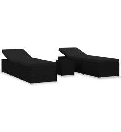 Chaises longues de jardin table à thé 3 pcs Résine tressée Noir