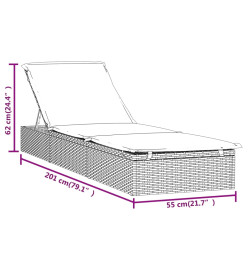 Chaise longue avec coussin gris 201x55x62 cm résine tressée