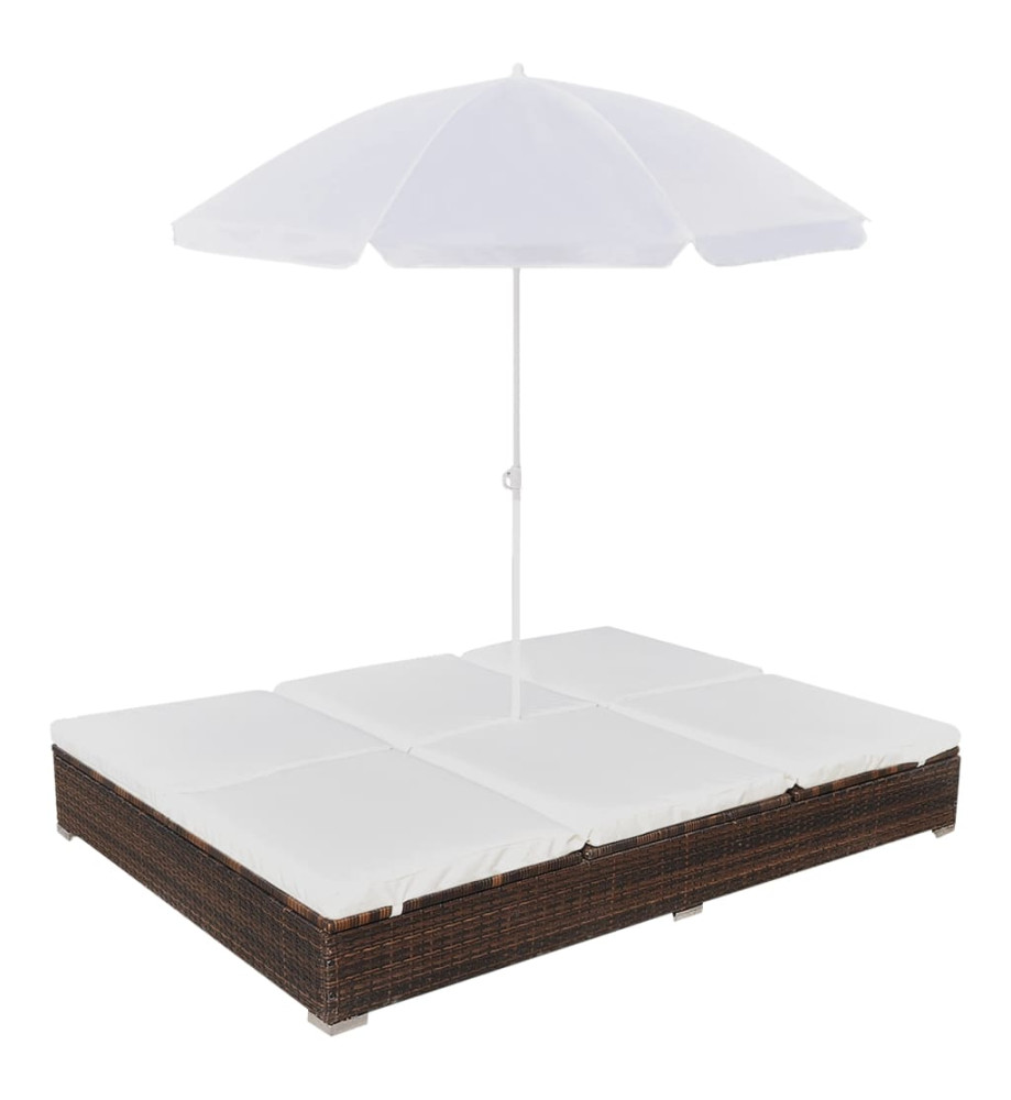 Chaise longue d'extérieur avec parasol Résine tressée Marron