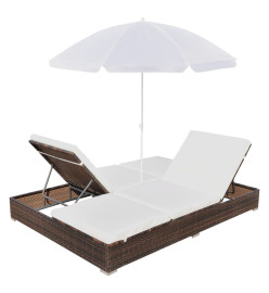 Chaise longue d'extérieur avec parasol Résine tressée Marron