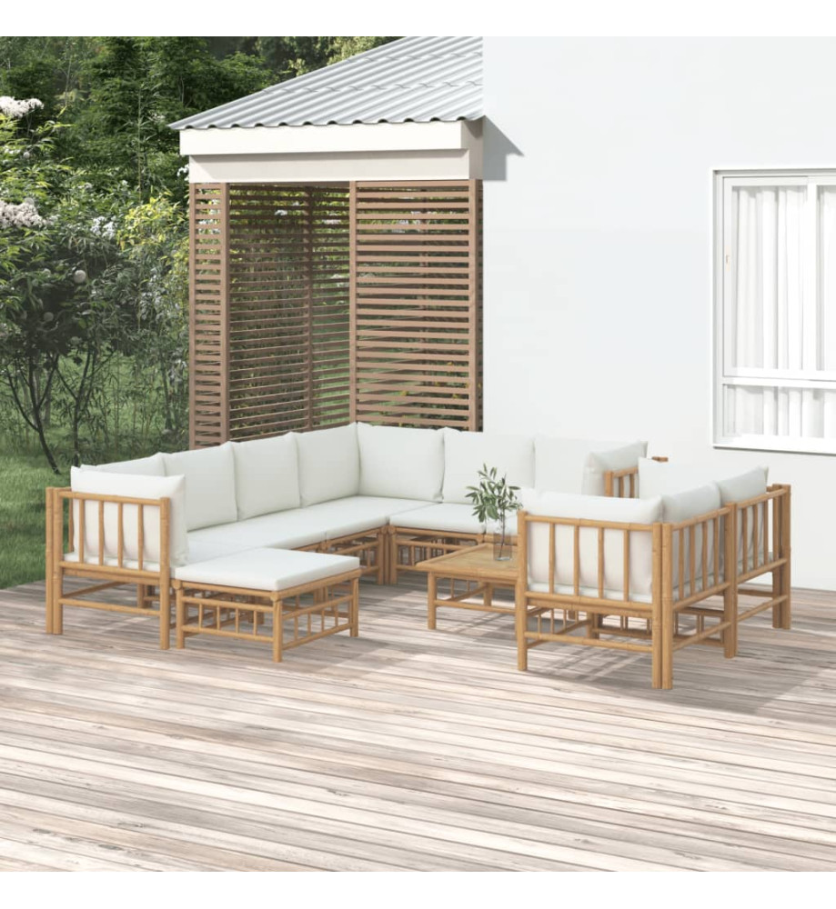 Salon de jardin 10 pcs avec coussins blanc crème bambou