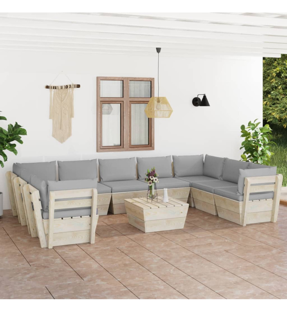 Salon de jardin palette 10 pcs avec coussins Épicéa imprégné