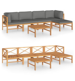 Salon de jardin 6 pcs avec coussins gris Bois de teck solide