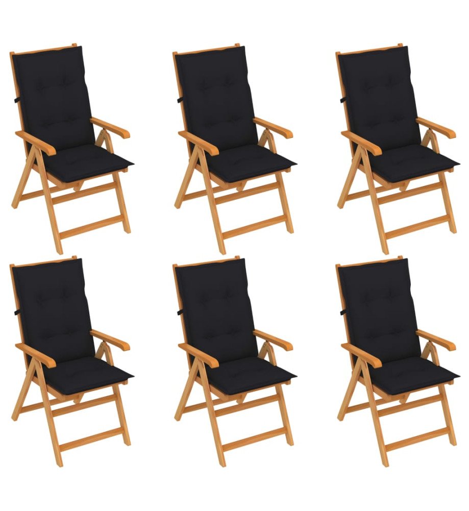 Chaises de jardin 6 pcs avec coussins noir Bois de teck massif