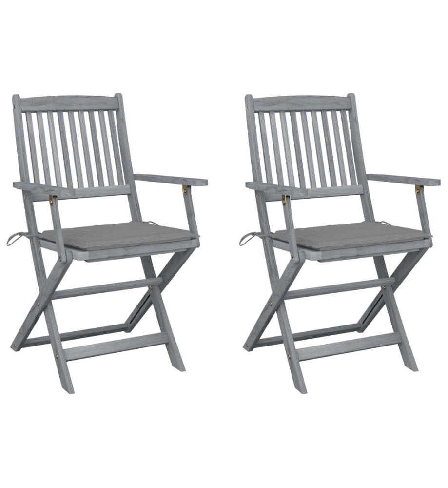 Chaises pliables d'extérieur 2 pcs avec coussins Bois d'acacia