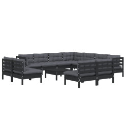 Salon de jardin 12 pcs avec coussins Noir Bois de pin solide
