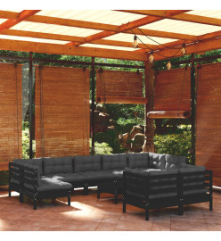Salon de jardin 10 pcs avec coussins Noir Bois de pin solide