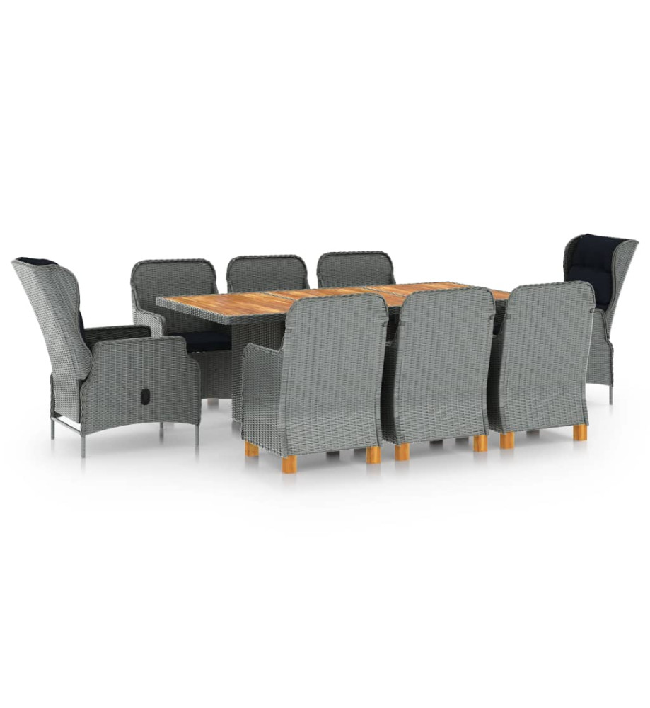 Mobilier à dîner 9 pcs avec coussins Résine tressée Gris clair