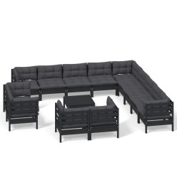 Salon de jardin 14 pcs avec coussins Noir Bois de pin solide