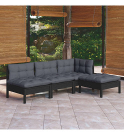 Salon de jardin 4 pcs avec coussins Noir Bois de pin