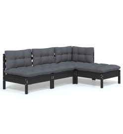 Salon de jardin 4 pcs avec coussins Noir Bois de pin