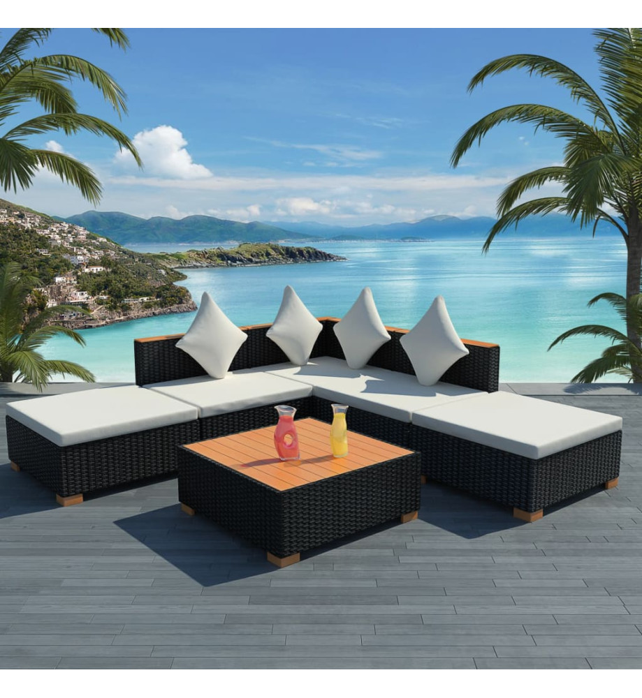 Salon de jardin 6 pcs avec coussins Résine tressée Noir Salon de jardin 6 pcs avec coussins Résine tressée Noir
