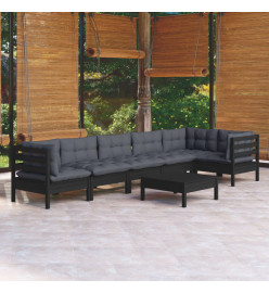 Salon de jardin 7 pcs avec coussins Noir Bois de pin