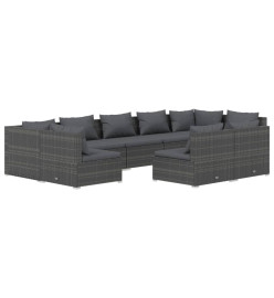 Salon de jardin 9 pcs avec coussins Gris Résine tressée
