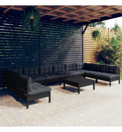 Salon de jardin 11 pcs avec coussins Noir Bois de pin massif