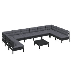 Salon de jardin 11 pcs avec coussins Noir Bois de pin massif