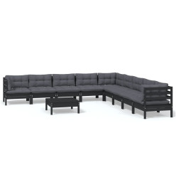 Salon de jardin 10 pcs avec coussins Noir Bois de pin solide