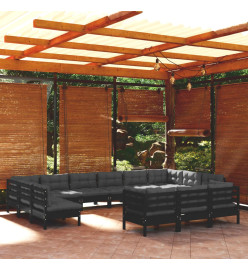 Salon de jardin 13 pcs avec coussins Noir Bois de pin
