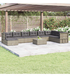 Salon de jardin 9 pcs avec coussins Gris Résine tressée