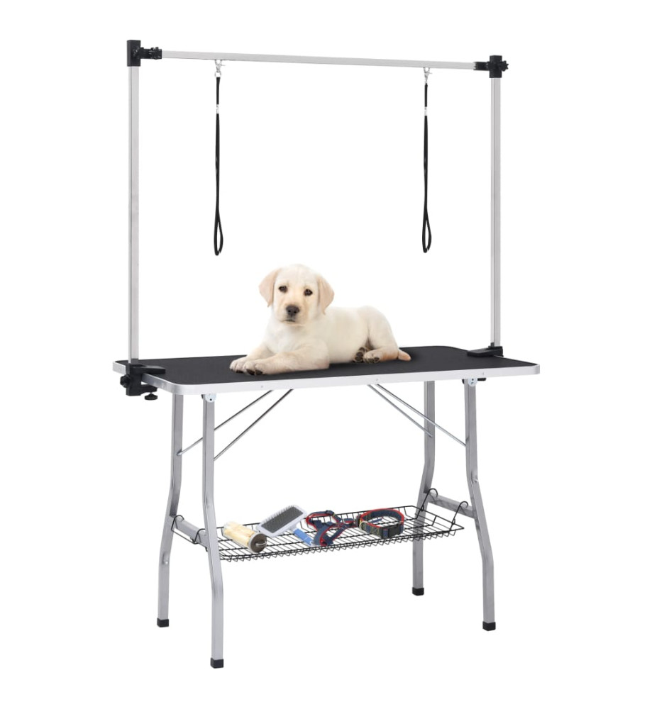 Table de toilettage réglable de chiens avec 2 boucles et panier