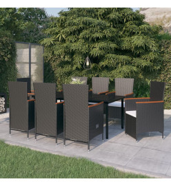 Ensemble de salle à manger de jardin avec coussins 9 pcs Noir