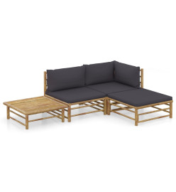 Salon de jardin 4 pcs avec coussins gris foncé Bambou