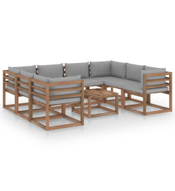 Salon de jardin 9 pcs avec coussins gris