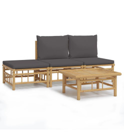 Salon de jardin 4 pcs avec coussins gris foncé bambou