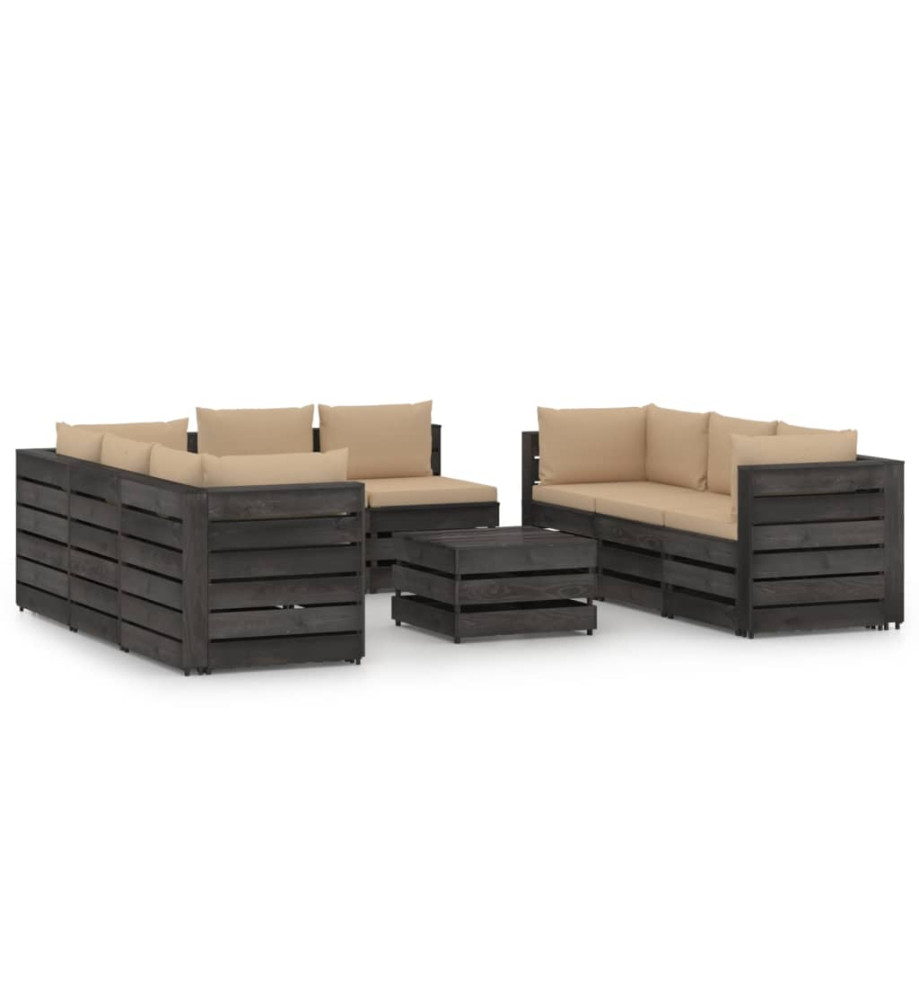 Salon de jardin 9 pcs avec coussins Bois imprégné de gris Salon de jardin 9 pcs avec coussins Bois imprégné de gris