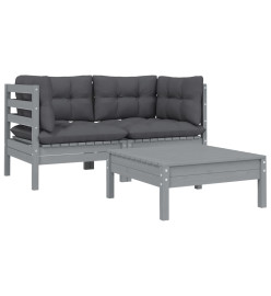Salon de jardin 3 pcs avec coussins Gris Bois de pin massif
