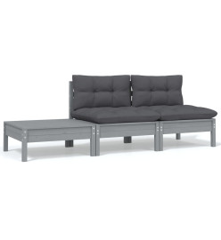 Salon de jardin 3 pcs avec coussins Gris Bois de pin massif