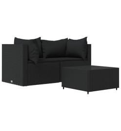 Salon de jardin 3 pcs avec coussins Noir Résine tressée