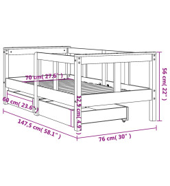 Cadre de lit enfant avec tiroirs noir 70x140 cm bois pin massif