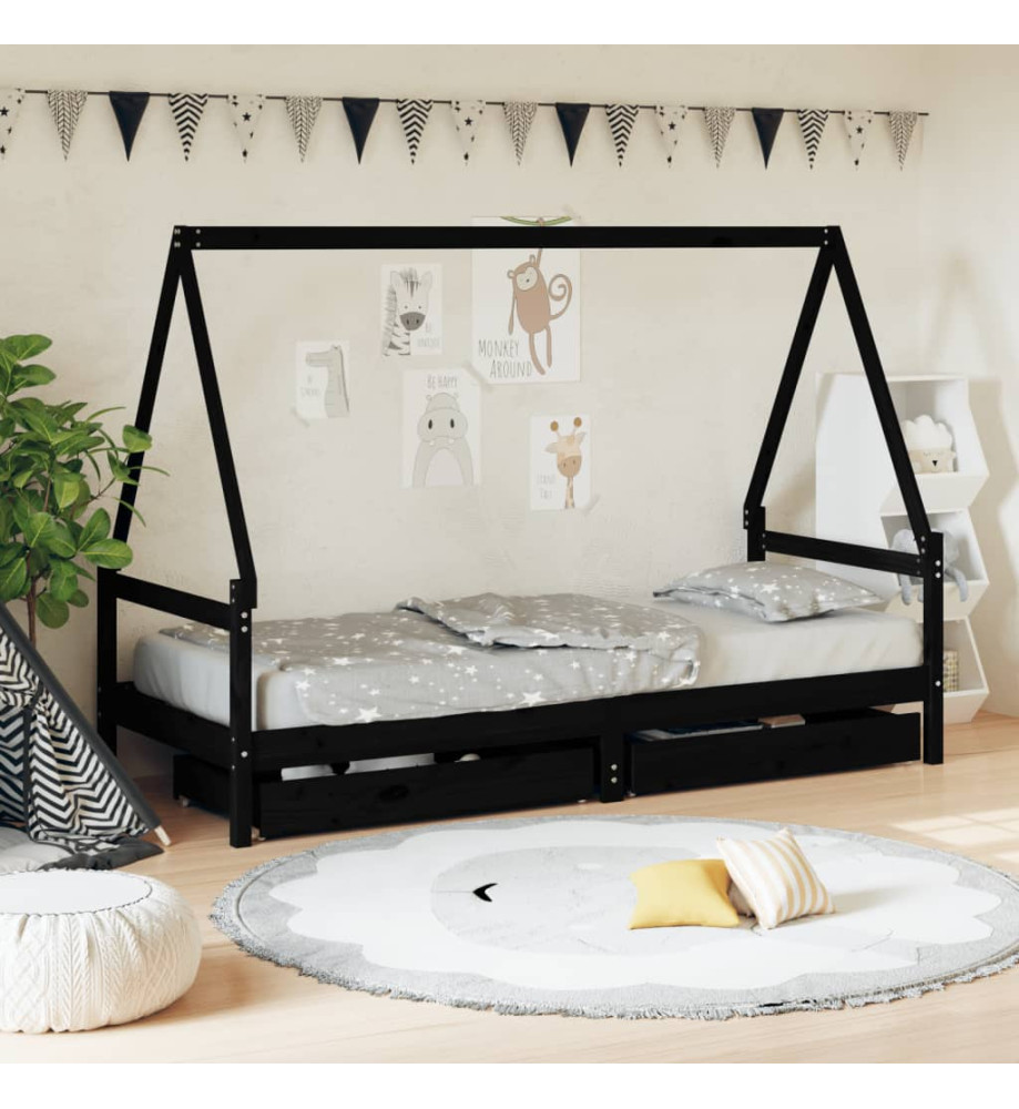 Cadre de lit enfant avec tiroirs noir 90x200 cm bois pin massif