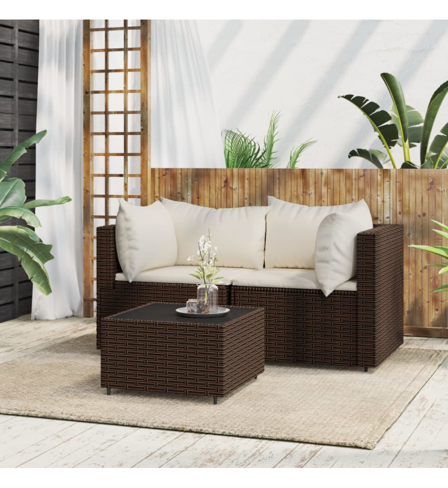 Salon de jardin 3 pcs avec coussins marron résine tressée Salon de jardin 3 pcs avec coussins marron résine tressée