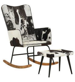 Chaise à bascule avec repose-pied Noir Cuir véritable