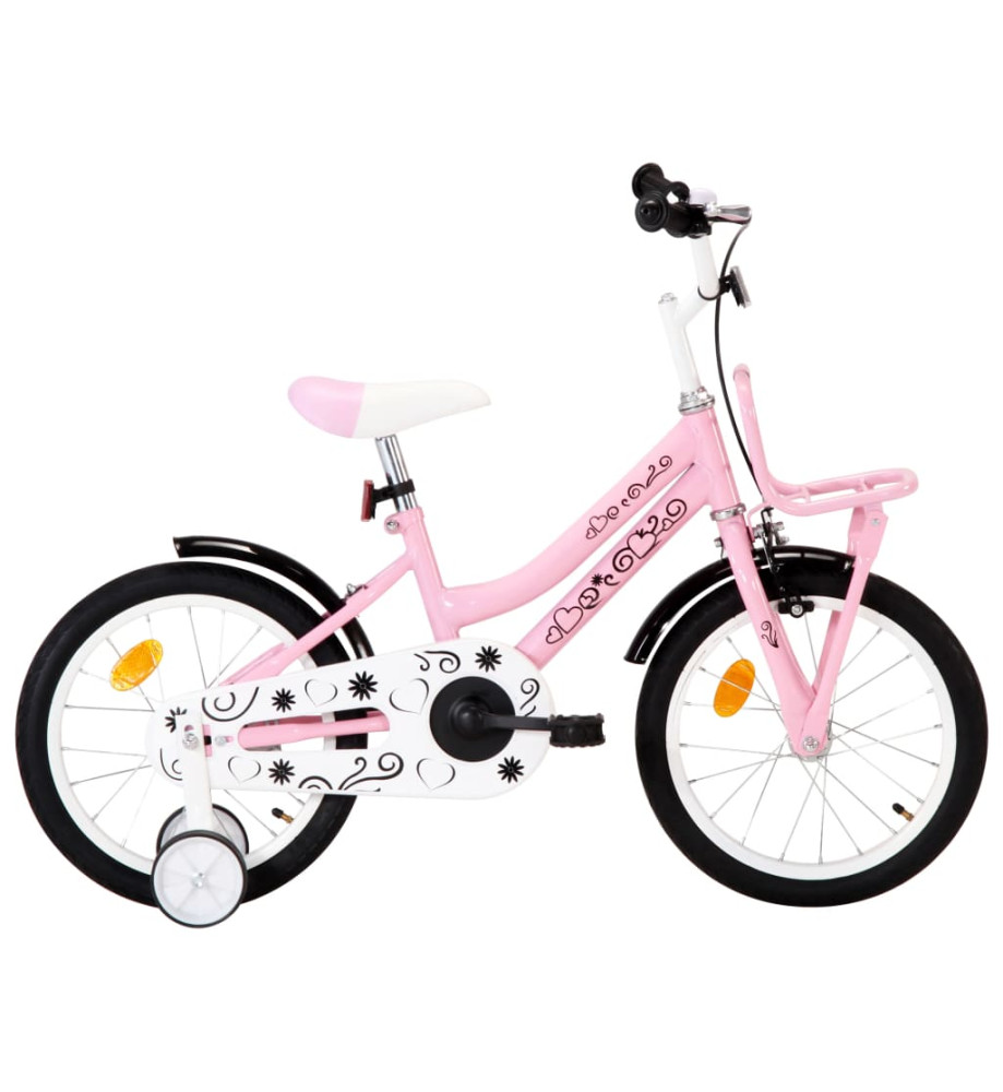 Vélo enfant avec porte-bagages avant 16 pouces Blanc et rose