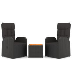 Ensemble de salon de jardin 3 pcs noir poly rotin et acacia