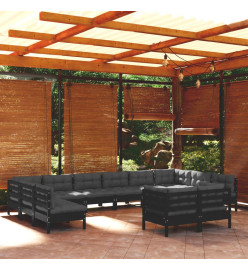 Salon de jardin 12 pcs avec coussins Noir Bois de pin massif
