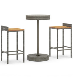 Ensemble de bar jardin 3 pcs gris poly rotin/bois massif acacia