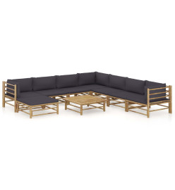 Salon de jardin 9 pcs avec coussins gris foncé Bambou