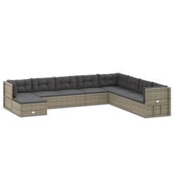Salon de jardin 9 pcs avec coussins Gris Résine tressée