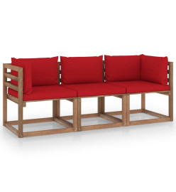 Canapé palette de jardin 3 places et coussins rouge Pinède