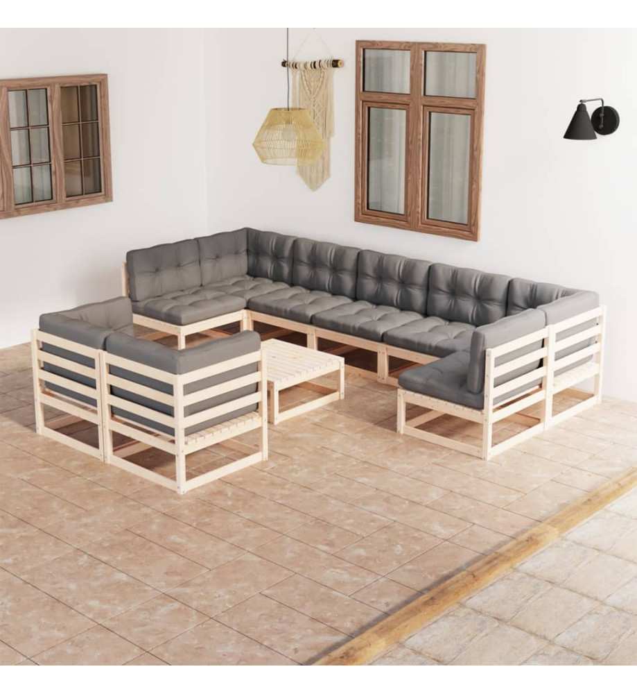 Salon de jardin 10 pcs avec coussins Bois de pin massif Salon de jardin 10 pcs avec coussins Bois de pin massif