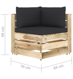 Canapé de jardin 3 places avec coussins bois imprégné de vert