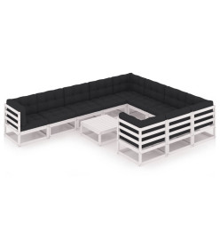 Salon de jardin 11 pcs avec coussins Blanc Bois de pin massif